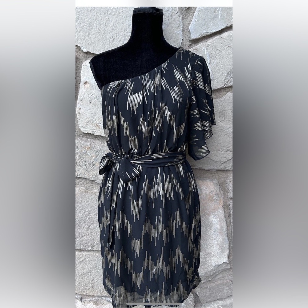 Charming Charlie Dress Medium Black Gold Glitter One Shoulder Excellent